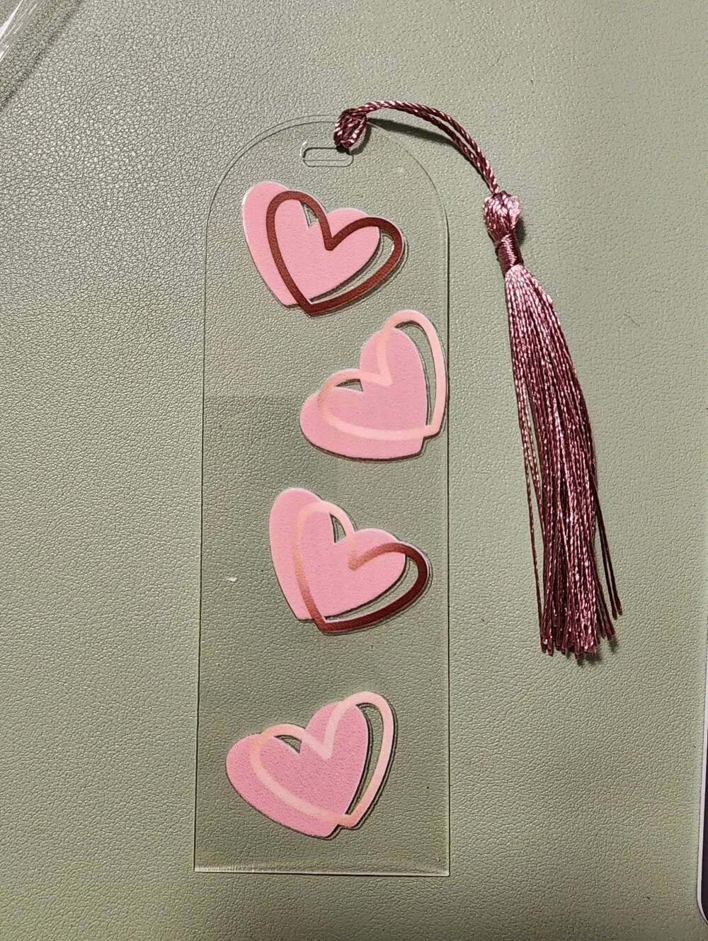 Acrylic Bookmark with Pink Heart Stickers and Pink Tassel. Handmade
